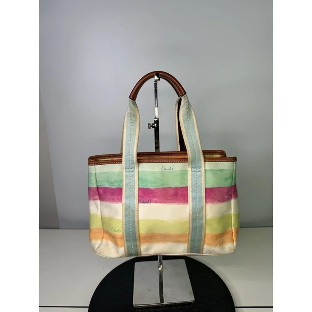 DAMAGE Coach Hampton Watercolor Pastel Stripes Small Tote Handbag A0773-10025